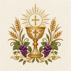 May include: An embroidered design featuring a golden chalice with a cross, topped by a radiant host. The chalice is flanked by stalks of wheat and clusters of purple grapes with green leaves, all resting above a decorative cream-colored ribbon.