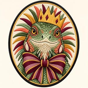 Crowned Iguana Embroidery Design, Whimsical Royal Reptile Portrait Vintage Style (Digital File)