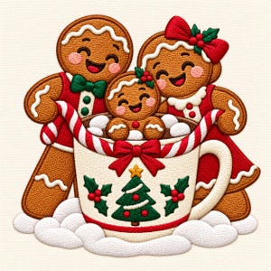 May include: An embroidered patch featuring a family of three gingerbread cookies. Two larger cookies stand beside a white mug filled with marshmallows, while a smaller gingerbread cookie sits inside. The mug features a Christmas tree design.