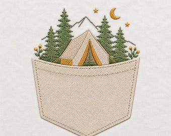 Camping Pocket Embroidery Design, Woodland Tent Forest Adventure, Boho Outdoor Scene (Digital File)