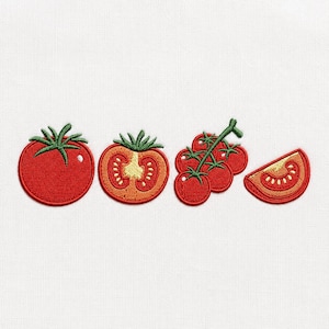 May include: An embroidered patch set featuring four red tomato designs on a white fabric background. The set includes a whole round tomato, a halved tomato showing seeds, a cluster of three small tomatoes on a vine, and a single tomato wedge slice.