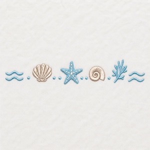 May include: An embroidery design featuring a horizontal row of nautical elements including light blue wavy lines, a tan scallop shell, a light blue starfish, a tan spiral seashell, and a light blue coral branch, all separated by small blue dots.