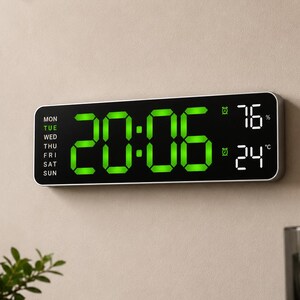 LED Digital Wall Clock with Temperature & Humidity Display, Modern Alarm Clock, USB Powered Desk or Wall Mounted Clock