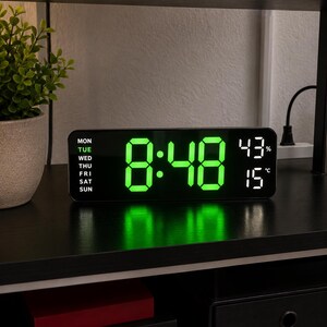LED Digital Wall Clock with Temperature & Humidity Display, Modern Alarm Clock, USB Powered Desk or Wall Mounted Clock