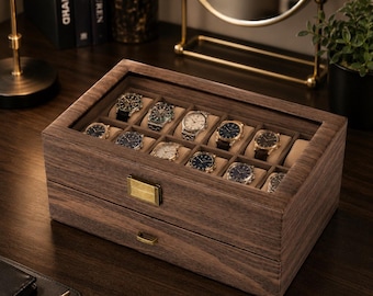 Scatola porta orologi in legno con 24 scomparti, vetrina con coperchio in vetro, contenitore rustico