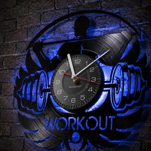 Vinyl Record Gym Clock, Weightlifting Workout Art, Fitness Motivation Wall Decor,LED Lights
