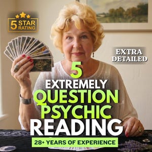 May include: A person with blonde hair holds a fan of tarot cards. Text overlays include 5 STAR RATING, EXTRA DETAILED, 5 EXTREMELY QUESTION PSYCHIC READING, and 28+ YEARS OF EXPERIENCE. The person wears a white top, a silver cuff bracelet, and rings.