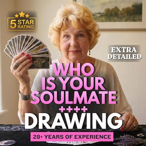 May include: A deck of tarot cards held in a fan shape, with text overlays reading 5 STAR RATING, EXTRA DETAILED, WHO IS YOUR SOULMATE ++++ DRAWING, and 28+ YEARS OF EXPERIENCE. The cards feature intricate, dark, and colourful artistic illustrations.