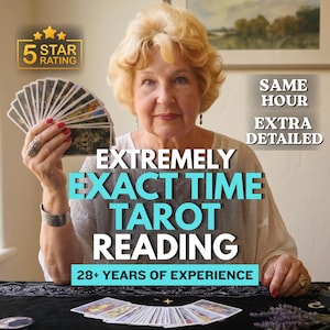 May include: A person holding a fan of tarot cards with text overlays reading 5 STAR RATING, SAME HOUR, EXTRA DETAILED, EXTREMELY EXACT TIME TAROT READING, and 28+ YEARS OF EXPERIENCE. A spread of tarot cards lies on a black cloth surface in the foreground.