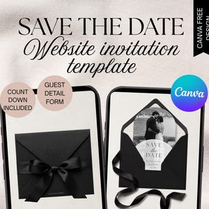 May include: A digital Save the Date website invitation template displayed on two smartphones. The screens show a black envelope with a satin ribbon, a photo of a couple, and text including Save the Date, June 3rd, 2027, and Capri, Italy.