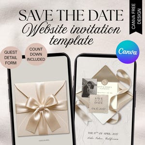 May include: A digital Save the Date website invitation template displayed on two smartphones. The screens show a beige envelope with a satin ribbon bow and a wedding invitation card featuring a photo, text, and a countdown for April 17, 2027.