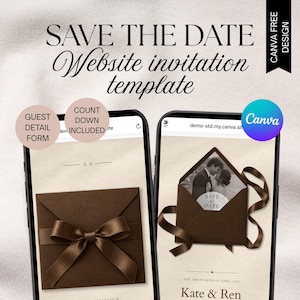 May include: Two smartphones displaying a Save the Date website invitation template. The screens show a brown envelope with a satin ribbon, a photo of a couple, and text including Kate & Ren, The Twentieth of June 2023, and Guest Detail Form.