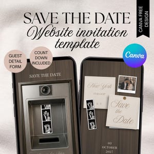 May include: A digital Save the Date website invitation template for mobile phones featuring a wood grain background, photo booth strips, and text including New York, 03.10.2027, and 03 OCTOBER 2027. Includes a guest detail form and countdown.