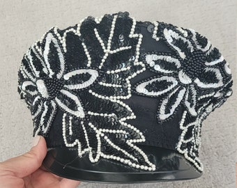 Upcycled Festival Hat Captain Floral Flower Black Sequins Beaded Beading Bead Black White Burning Man Burner EDC Electric Daisy Carnival