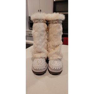 Real Upcycled Rabbit Fur Mukluk Boots Gogo Dancer Crochet Winter Shearling Sheepskin Knee High Winter Size 9 Ready to ship!
