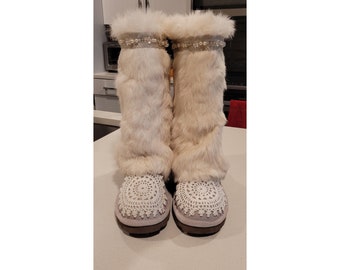Real Upcycled Rabbit Fur Mukluk Boots Gogo Dancer Crochet Winter Shearling Sheepskin Knee High Winter Size 9 Ready to ship!