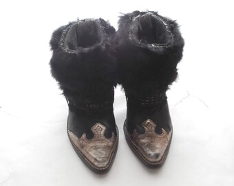 Real Fur Rabbit Cowgirl Cowboy Boho Hippie Belt Winter Fall Chic Booties Ankle Boots Size US 6