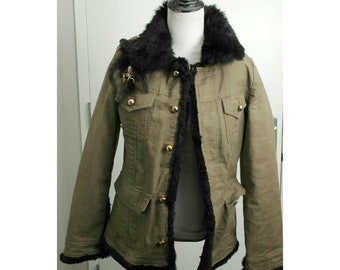 Vintage Upcycled Embellished Military Army Jacket Rabbit Fur Lining Size S Miss Me Real Fur Jacket Black Green Olive Army