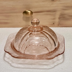 Vintage Pink Depression Glass Covered Butter Dish in the Madrid Pattern