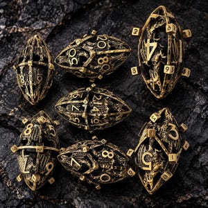 May include: A set of seven hollow, cage-like polyhedral dice crafted from antique brass-colored metal. Each die features an intricate, openwork dragon design with raised numbers integrated into the frame, displaying various numerical values.
