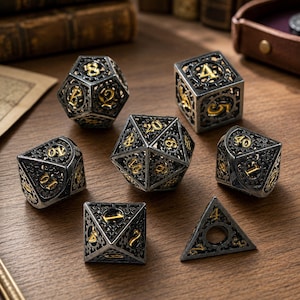 May include: A set of seven polyhedral dice featuring a dark metallic finish with intricate gear-like cutouts and gold-colored numbers. The collection includes various shapes such as a d20, d12, d10, d8, d6, and d4, all displaying a hollow, skeletal structure.