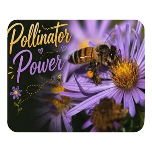 Può includere: Un tappetino per mouse rettangolare con un'ape che raccoglie il polline da un fiore di astro viola. Il lato sinistro ha uno sfondo nero con il testo Pollinator Power in oro e viola, piccoli cuori viola e un disegno al tratto giallo di un fiore.