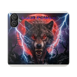 May include: A rectangular phone case featuring a graphic of a snarling wolf with glowing red eyes centered in front of a large red moon. Bright blue lightning bolts strike around the wolf, with the text ASEIR POWER printed in purple at the top.