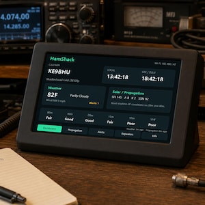 May include: A black digital HamShack dashboard display screen showing amateur radio data including callsign KE9BHU, local and UTC time, weather conditions at 82F, solar propagation indices, and band status for 80m through VHF frequencies.