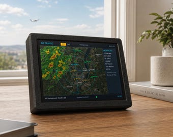 May include: A black rectangular digital display monitor showing an air traffic control interface with a map, radar rings, and flight data. The screen displays text including AIR TRAFFIC, SELECTED A/C, and various flight metrics in a dark theme.