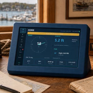 Op de afbeelding: Een donkerblauw digitaal maritiem weerstation met een touchscreen-interface die real-time gegevens toont, waaronder een windsnelheid van 18 knopen, golfhoogte van 1,6 m, getijdeninformatie, luchttemperatuur van 19 C, watertemperatuur van 14 C en zicht.