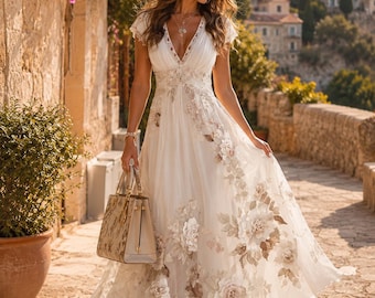 Abito lungo floreale boho, abito estivo con scollo a V, completo per vacanze al mare, abito svolazzante per invitata a un matrimonio, abbigliamento romantico da resort per donna