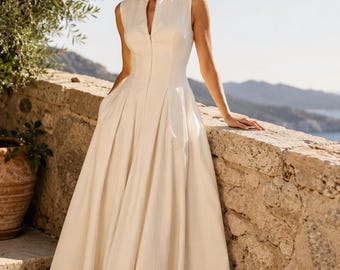 Elegante vestido largo sin mangas, vestido de noche con cremallera frontal, vestido formal de verano para mujer, vestido de fiesta vaporoso, atuendo chic para vacaciones.