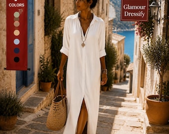 Vestido largo de verano para mujer, vestido camisero holgado, vestido playero estilo boho, vestido largo con abertura frontal, vestido de vacaciones extragrande, ropa informal de resort.
