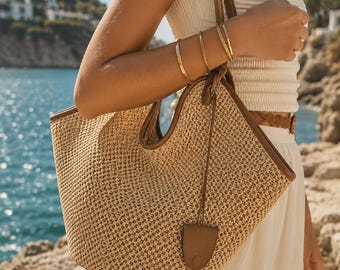 Grande borsa da spiaggia in paglia, borsa a mano intrecciata in stile boho, borsa a tracolla per le vacanze estive, borsa da spiaggia con pochette interna, borsa da viaggio per resort.