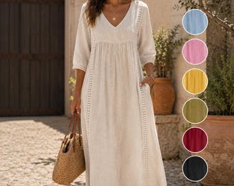 Vestido largo de algodón y lino, vestido de verano estilo bohemio con escote en V, vestido de playa holgado, vestido largo informal y fluido, ropa de resort para mujer