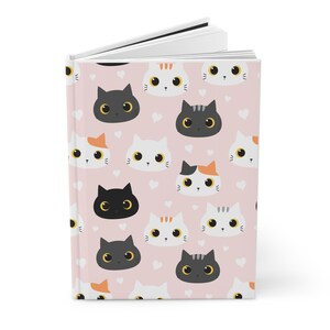 Cute Cat Faces Pattern Hardcover Journal | Pink Kitty Notebook
