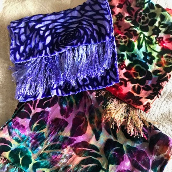 Tie Dye Burnout Silk Velvet Scarf with Fringe