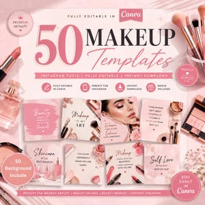 Könnte beinhalten: Ein digitales Produkt mit 50 Make-up-Vorlagen für Instagram, vollständig bearbeitbar in Canva. Das Design zeigt eine zartrosa Farbpalette mit Make-up-Pinseln, Lippenstift und Parfümflaschen. Text beinhaltet 50 MAKEUP Templates, Beauty, Skincare und Self Love.