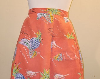 Cotton Apron Orange and Blue Pineapple Print Mid Century