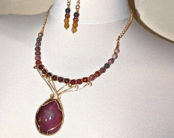 Agate and Gold Necklace and Earrings Set Boho Wine Red Yellow