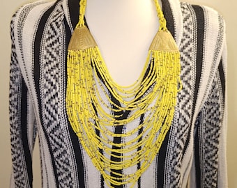 African Yellow Statement Necklace Glass Beads and Hand Etched Brass