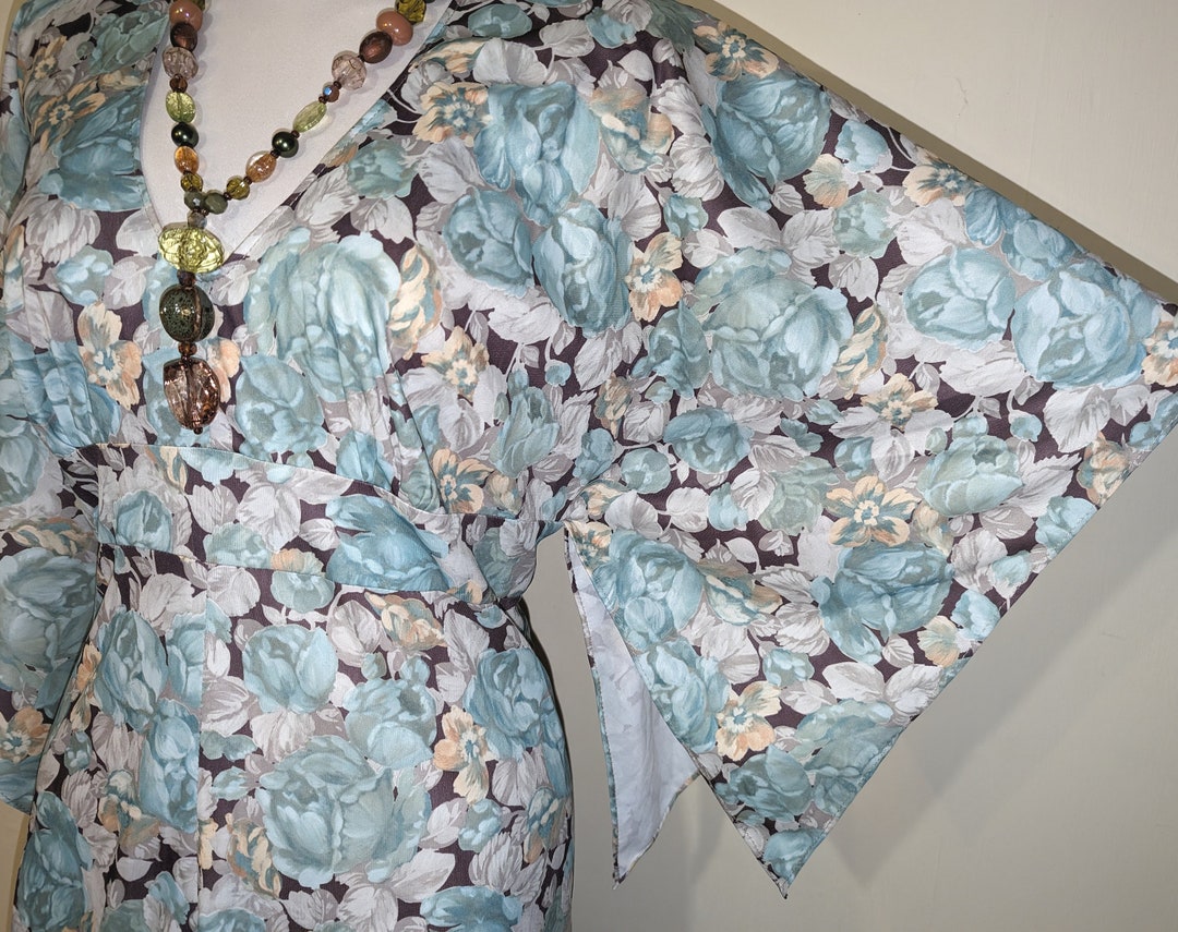 Teal Blue and Brown Maxi Dress Kaftan Angel Wing Sleeves Empire Waist