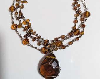 Brown Cognac Quartz and Bronze Necklace