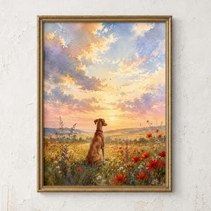 Könnte beinhalten: Ein gerahmter Kunstdruck, der einen braunen Hund zeigt, der in einem Feld mit Wildblumen, einschließlich roter Mohnblumen, unter einem Sonnenuntergangshimmel mit Wolken in Orange-, Gelb- und Blautönen sitzt. Der Rahmen ist aus dünnem Goldmetall.