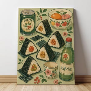 May include: A rectangular wall art print featuring a light green background with illustrations of five triangular onigiri rice balls wrapped in nori, a green coffee can, a bowl of fruit, a small floral teacup, and a green bottle with Korean text.