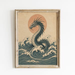 Sea Serpent Vintage Japanese Woodblock Teal Waves Sun Poster & Canvas A1QBB