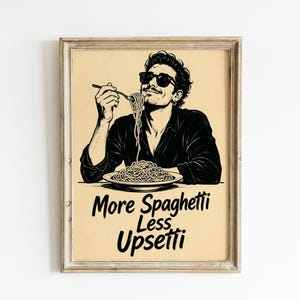 Retro Man Eating Spaghetti More Spaghetti Black Linework Poster & Canvas 4NLLK