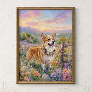 Op de afbeelding: Een ingelijste kunstdruk met een schilderij van een bruin-witte Corgi die een kleurrijke bloemenkrans om de nek draagt. De hond staat in een levendige weide vol paarse, roze en oranje wilde bloemen onder een lucht bij zonsondergang.