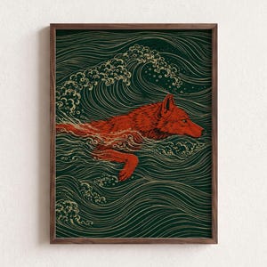 Red Wolf Swimming Through Ocean Waves Screen Print Poster & Canvas 7GLAR