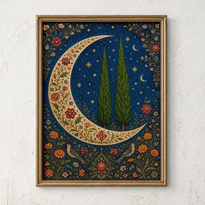 Ornate Floral Crescent Moon with Cypress Trees Poster & Canvas MLJ1T